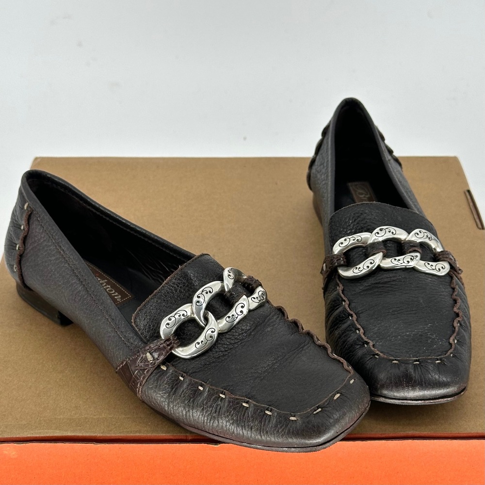 90s Brighton Klee Brown Pebble Leather Slip On Loafers Silver Chain Link 8 M